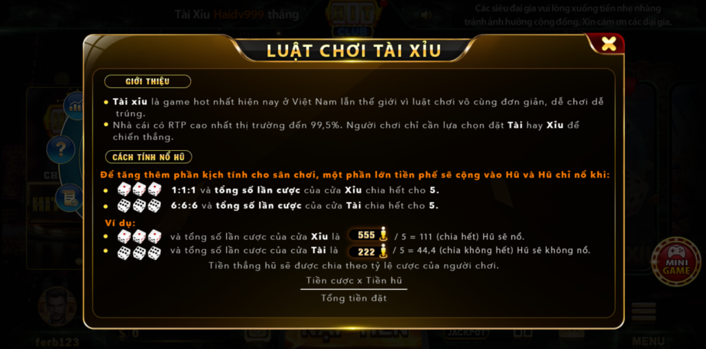 luật chơi tài xỉu hit club